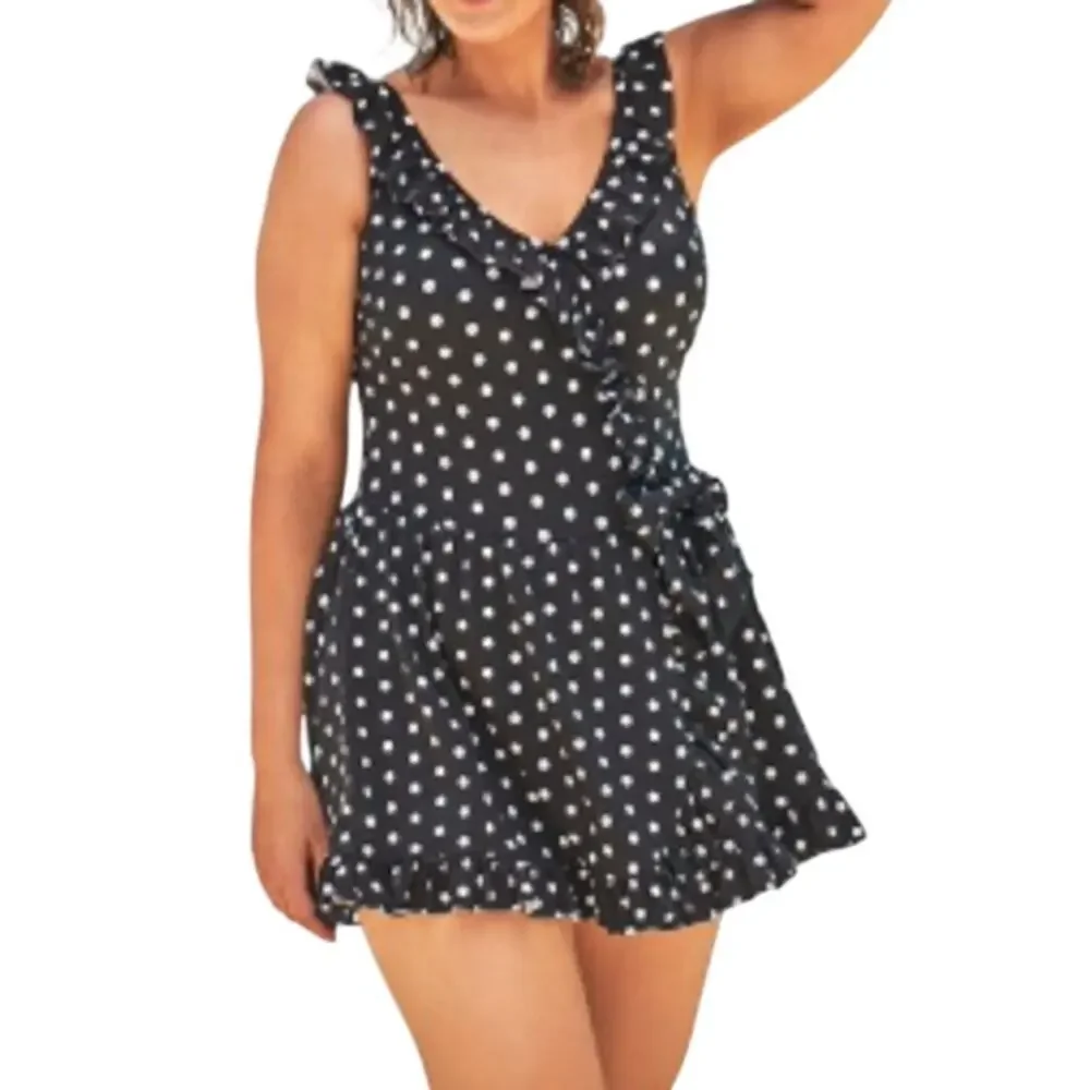Swimsuits for All Women's Plus Size Faux-Wrap Swim Dress Black White Polka Dot20